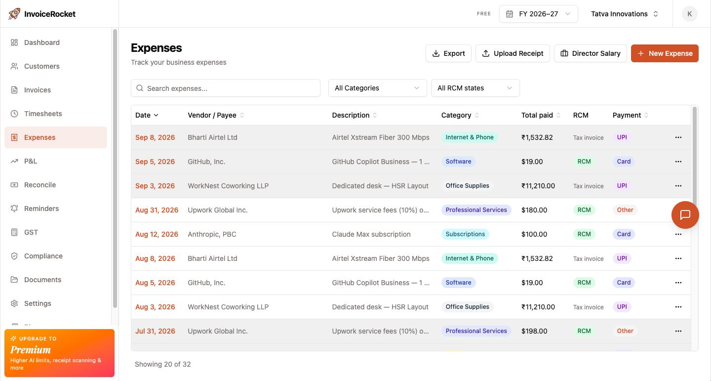 InvoiceRocket expense list showing business expenses with vendor, category, amount, GST treatment and reverse charge status
