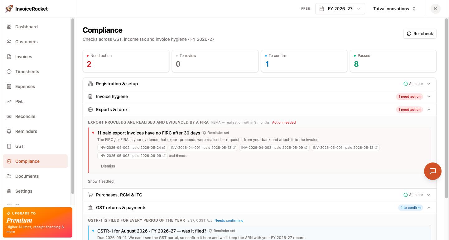 InvoiceRocket compliance check flagging paid export invoices with no FIRC after 30 days, listing each invoice number and payment date